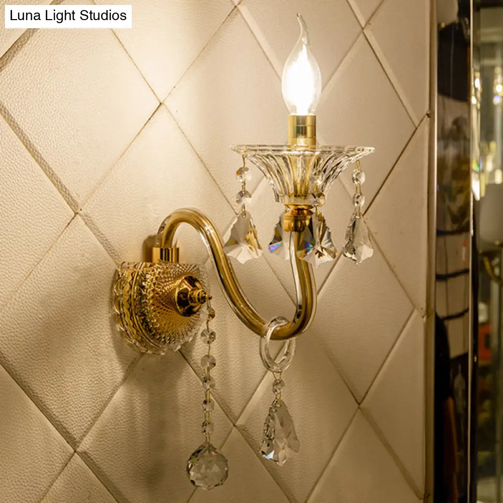Mid-Century 1/2 Lights Wall Sconce With Brass Candle Design And Crystal Shade