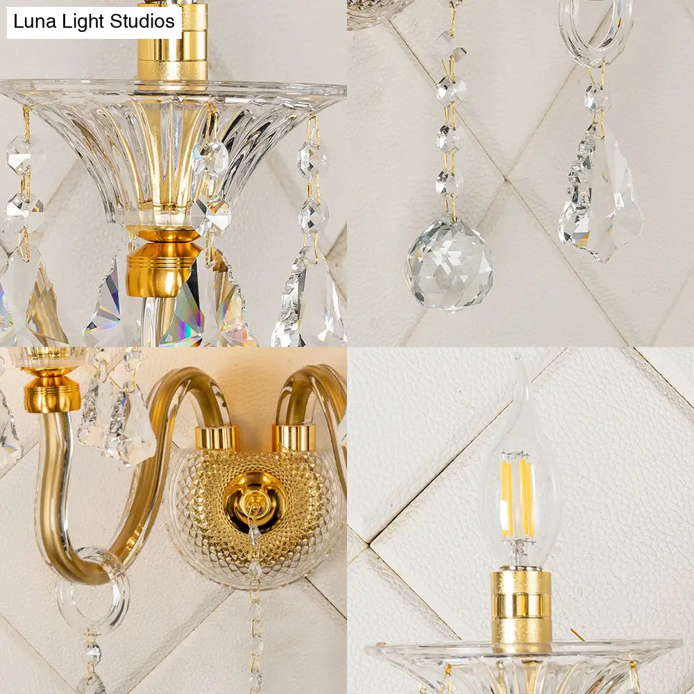 Mid-Century 1/2 Lights Wall Sconce With Brass Candle Design And Crystal Shade
