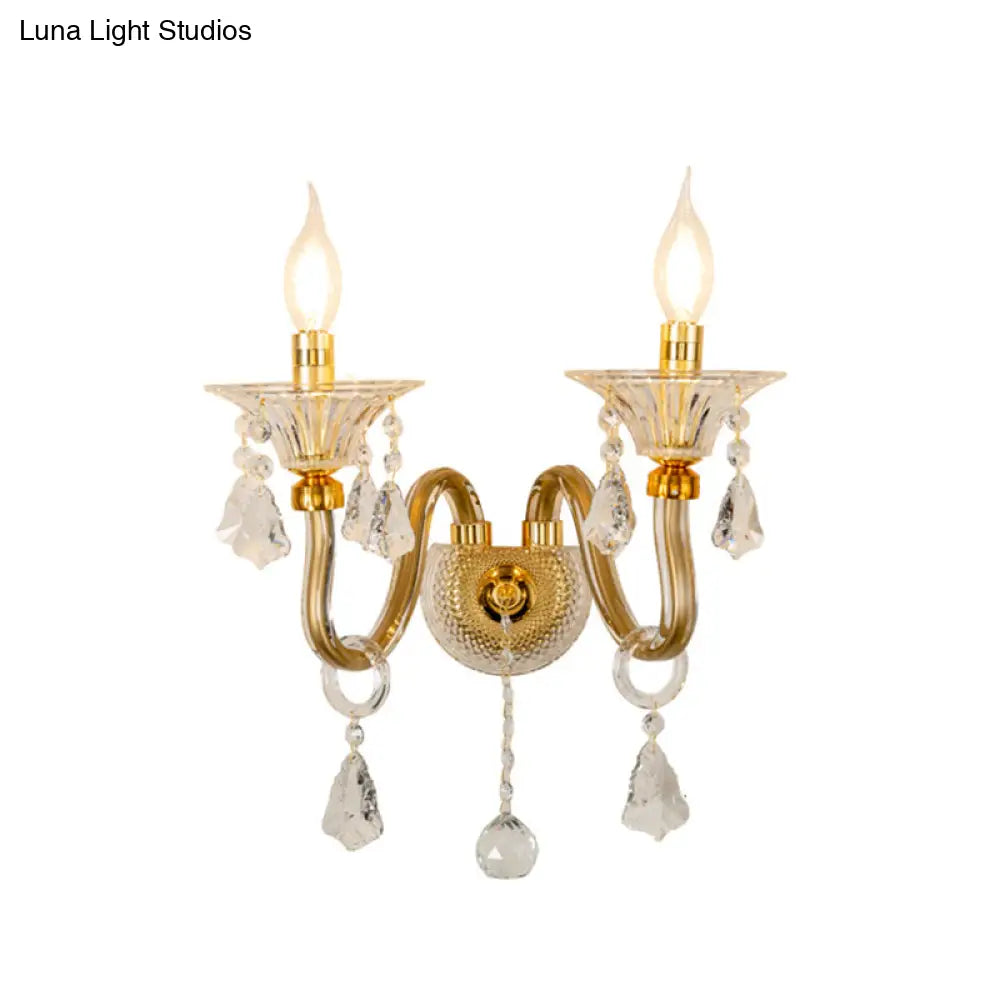 Mid-Century 1/2 Lights Wall Sconce With Brass Candle Design And Crystal Shade