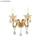 Mid-Century 1/2 Lights Wall Sconce With Brass Candle Design And Crystal Shade