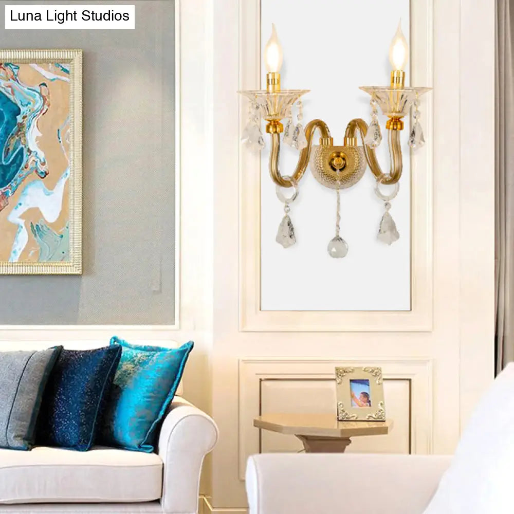 Mid-Century 1/2 Lights Wall Sconce With Brass Candle Design And Crystal Shade
