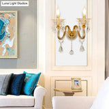 Mid-Century 1/2 Lights Wall Sconce With Brass Candle Design And Crystal Shade
