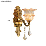 Mid Century Brass Wall Lamp With Clear Crystal Glass Flower Shade