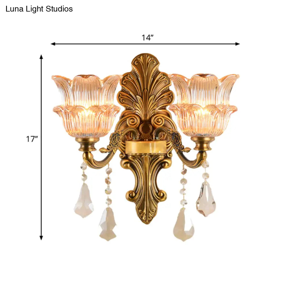 Mid Century Brass Wall Lamp With Clear Crystal Glass Flower Shade