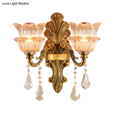 Mid Century Brass Wall Lamp With Clear Crystal Glass Flower Shade