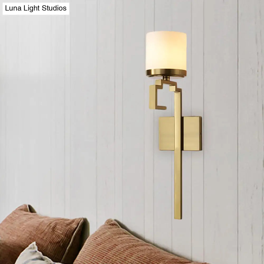 Mid Century Brass Wall Sconce With Opal Matte Glass And Oriental Element