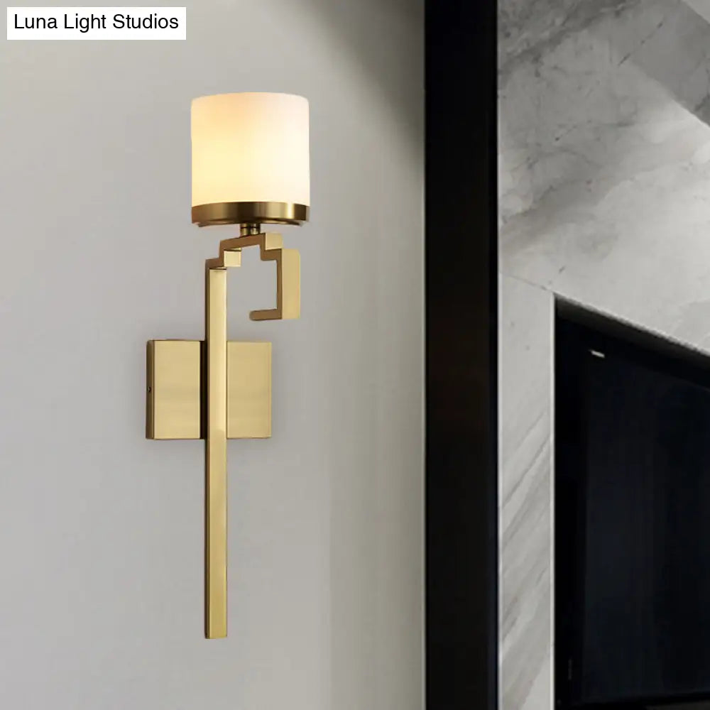 Mid Century Brass Wall Sconce With Opal Matte Glass And Oriental Element