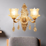 Mid Century Clear Crystal Glass Flower Corner Sconce Lighting - Gold Wall Mounted Lamp