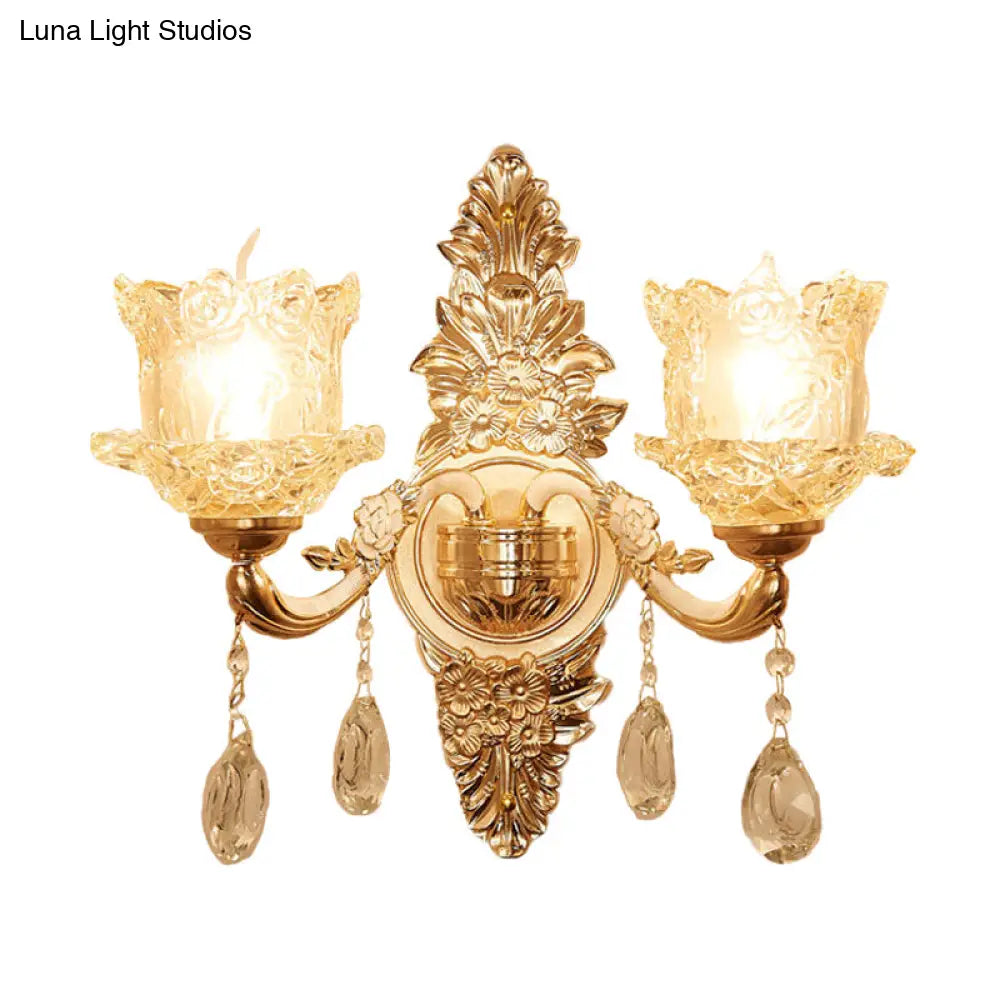 Mid Century Clear Crystal Glass Flower Corner Sconce Lighting - Gold Wall Mounted Lamp