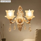 Mid Century Clear Crystal Glass Flower Corner Sconce Lighting - Gold Wall Mounted Lamp