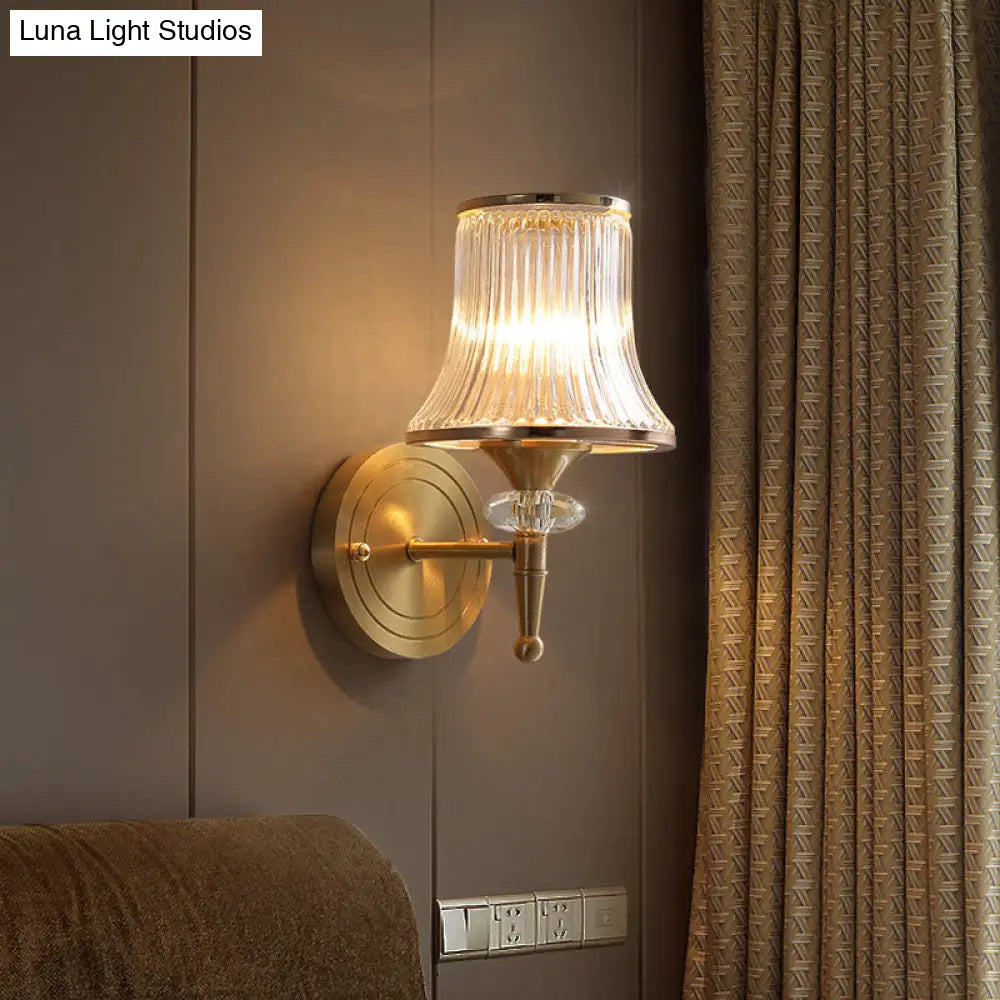 Mid-Century Crystal Ribbed Wall Mounted Lamp - Brass Flush Sconce For Living Room