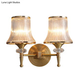 Mid-Century Crystal Ribbed Wall Mounted Lamp - Brass Flush Sconce For Living Room