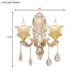 Mid-Century Crystal Wall Sconce With 2-Bulb Floral Design In Gold For Living Room Lighting