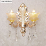 Mid-Century Crystal Wall Sconce With 2-Bulb Floral Design In Gold For Living Room Lighting