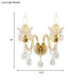 Mid-Century Gold 2-Light Candelabra Sconce: Clear Crystal Glass Wall Lamp For Living Room