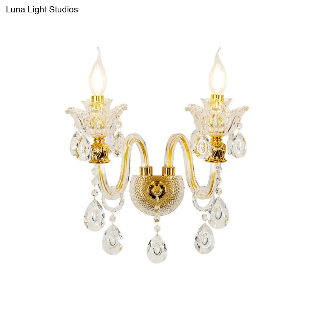 Mid-Century Gold 2-Light Candelabra Sconce: Clear Crystal Glass Wall Lamp For Living Room
