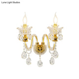 Mid-Century Gold 2-Light Candelabra Sconce: Clear Crystal Glass Wall Lamp For Living Room