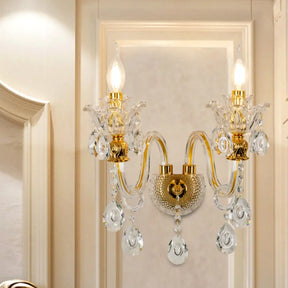 Mid-Century Gold 2-Light Candelabra Sconce: Clear Crystal Glass Wall Lamp For Living Room