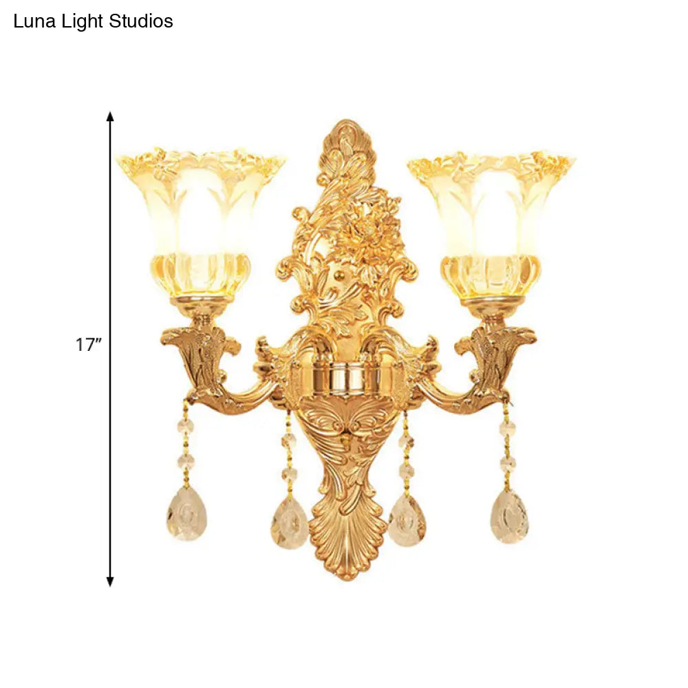 Mid Century Gold Flower Wall Sconce - 2-Light Ruffle Glass Lamp