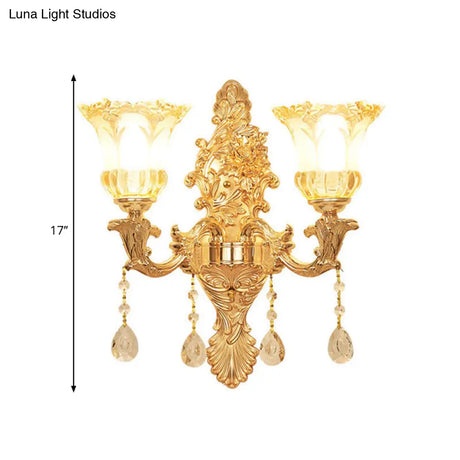 Mid Century Gold Flower Wall Sconce - 2-Light Ruffle Glass Lamp