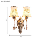 Mid-Century Gold Frosted Glass Wall Sconce Lamp With Crystal Drop - Set Of 2 Bulbs