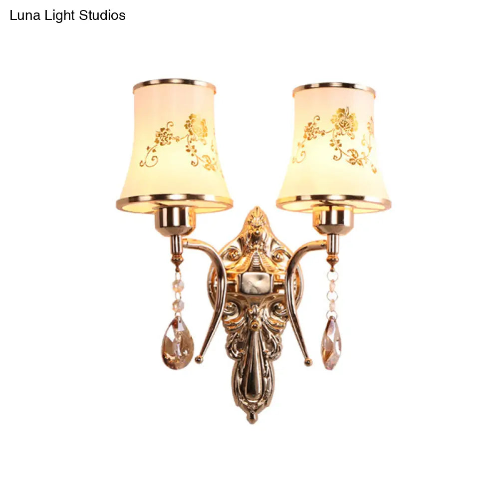 Mid-Century Gold Frosted Glass Wall Sconce Lamp With Crystal Drop - Set Of 2 Bulbs
