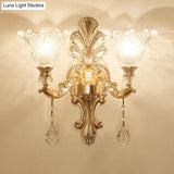 Mid-Century Gold Latticed Glass Wall Sconce - Flower Clear 1/2-Light Hallway Lighting