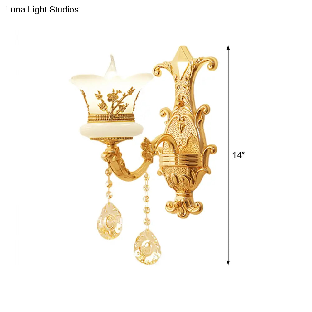 Mid-Century Gold Wall Mounted Lamp With Frosted Glass - Flower Bedside Light Fixture