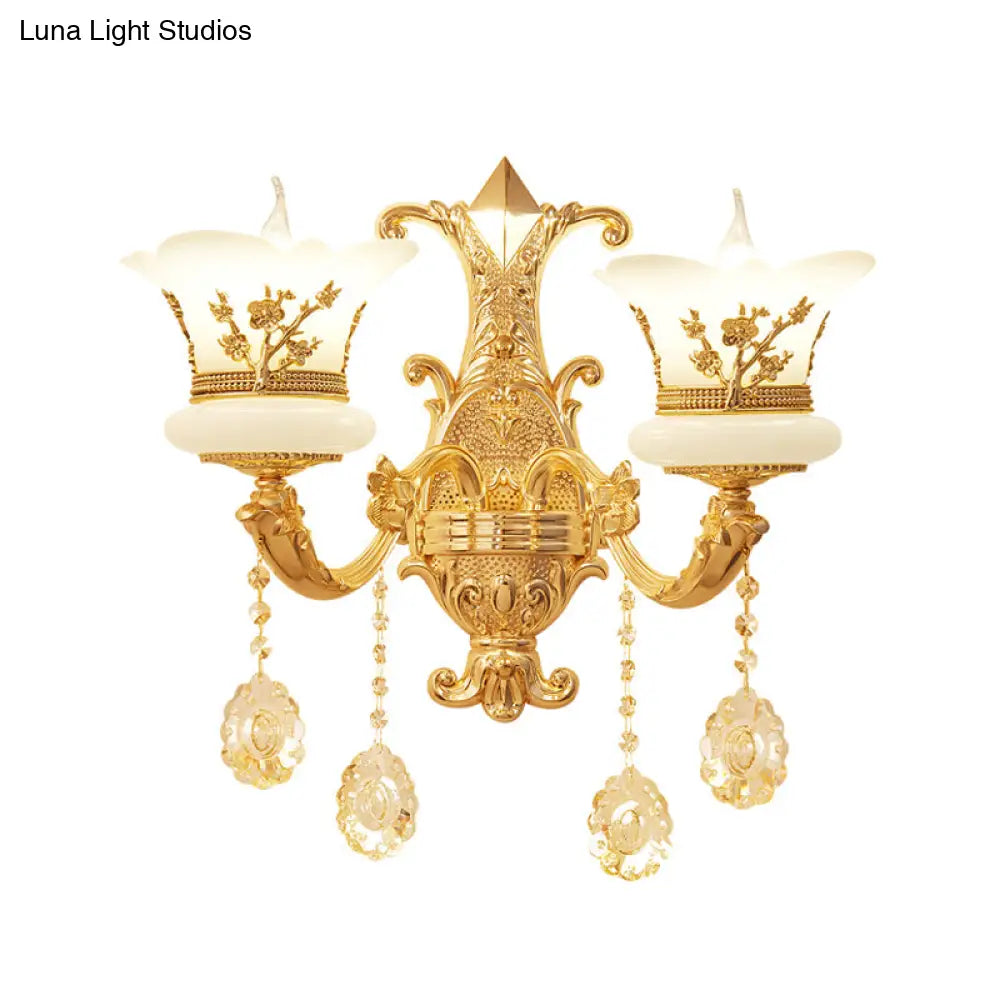 Mid-Century Gold Wall Mounted Lamp With Frosted Glass - Flower Bedside Light Fixture