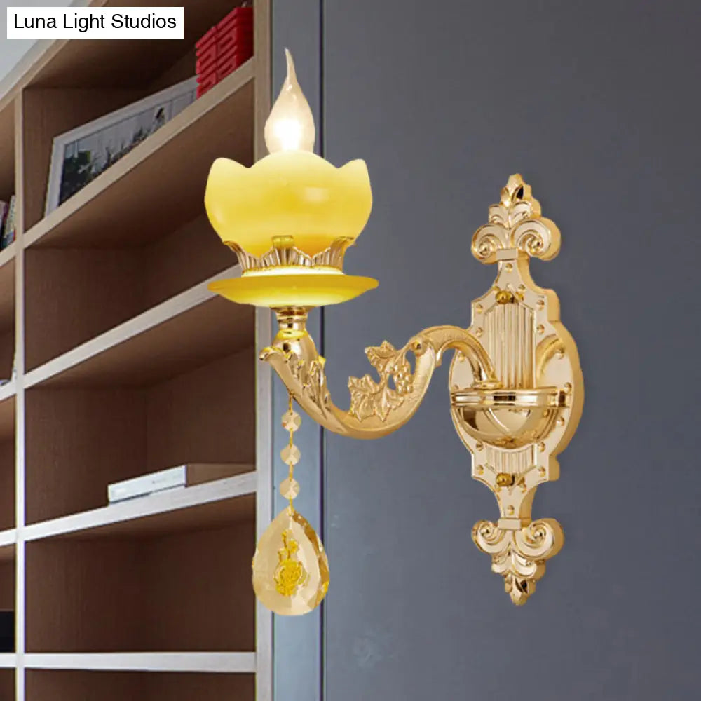 Mid-Century Gold Wall Sconce With Crystal Draping - Bedroom Lighting