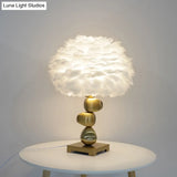 Mid-Century Metal Cobby Table Lamp With Soft White Feather Shade For Bedroom