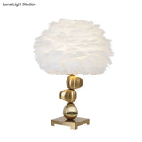 Mid-Century Metal Cobby Table Lamp With Soft White Feather Shade For Bedroom