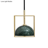 Mid Century Small Dome Hanging Light Kit - Marble 1-Head Pendant With Black/Green Ceiling & Gold
