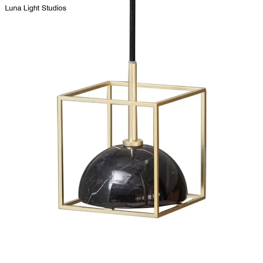Mid Century Small Dome Hanging Light Kit - Marble 1-Head Pendant With Black/Green Ceiling & Gold