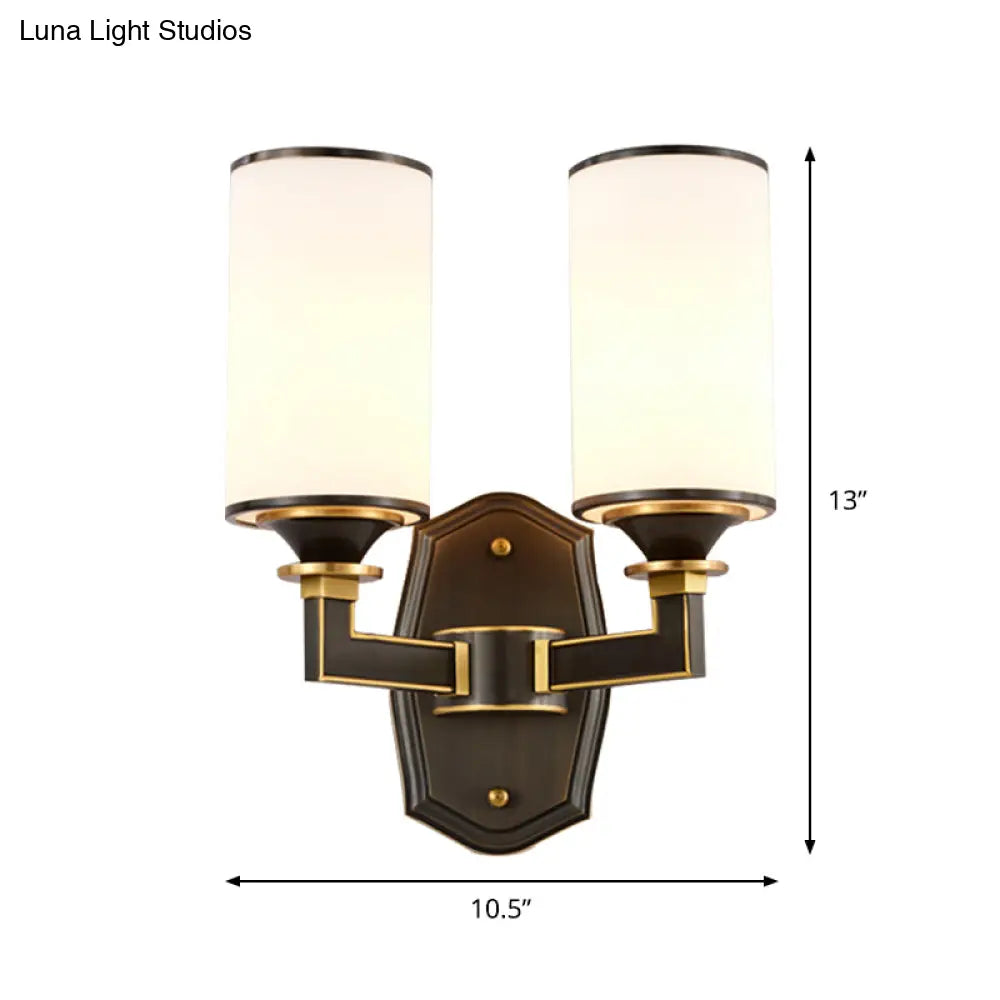Milk Glass Wall Sconce Countryside 1/2-Light Corridor Fixture - Black/Gold Right Angle Arm