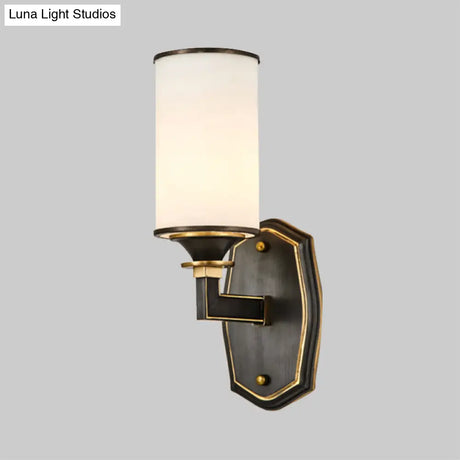 Milk Glass Wall Sconce Countryside 1/2-Light Corridor Fixture - Black/Gold Right Angle Arm