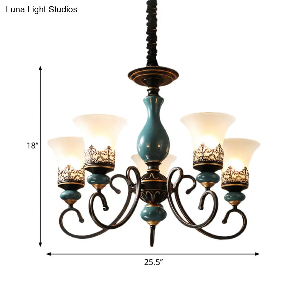 Milky Glass Bell Shade Pendant Light In Rustic Blue - 3/5/6-Head Chandelier For Unique Lighting