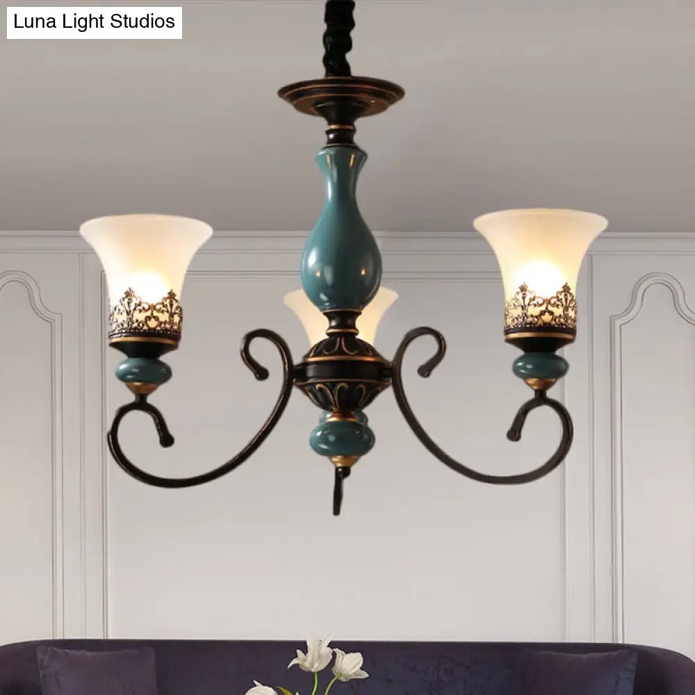 Milky Glass Bell Shade Pendant Light In Rustic Blue - 3/5/6-Head Chandelier For Unique Lighting