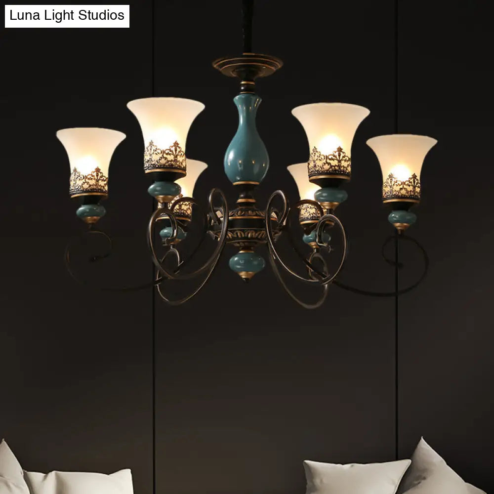 Milky Glass Bell Shade Pendant Light In Rustic Blue - 3/5/6-Head Chandelier For Unique Lighting