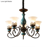 Milky Glass Bell Shade Pendant Light In Rustic Blue - 3/5/6-Head Chandelier For Unique Lighting