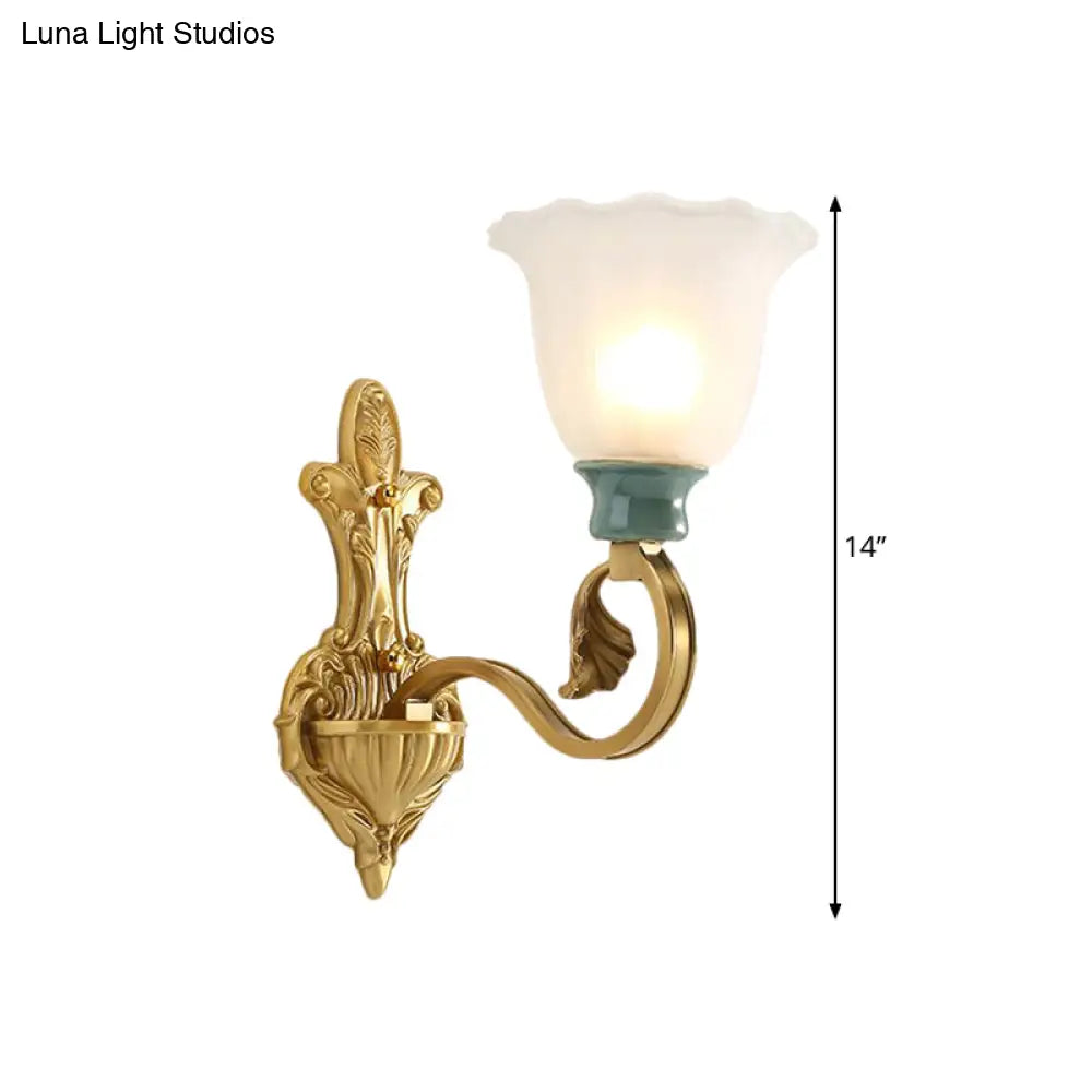 Milky Glass Brass Wall Sconce With Ginkgo Leaf Decor - Traditional Scroll Arm Lighting Fixture
