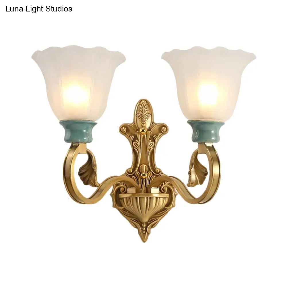 Milky Glass Brass Wall Sconce With Ginkgo Leaf Decor - Traditional Scroll Arm Lighting Fixture