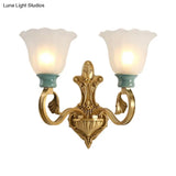 Milky Glass Brass Wall Sconce With Ginkgo Leaf Decor - Traditional Scroll Arm Lighting Fixture