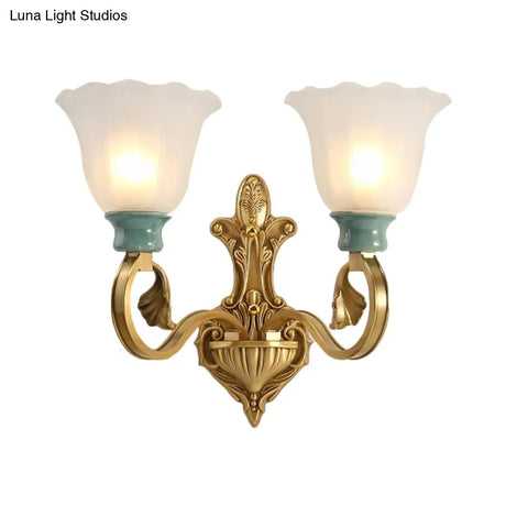 Milky Glass Brass Wall Sconce With Ginkgo Leaf Decor - Traditional Scroll Arm Lighting Fixture