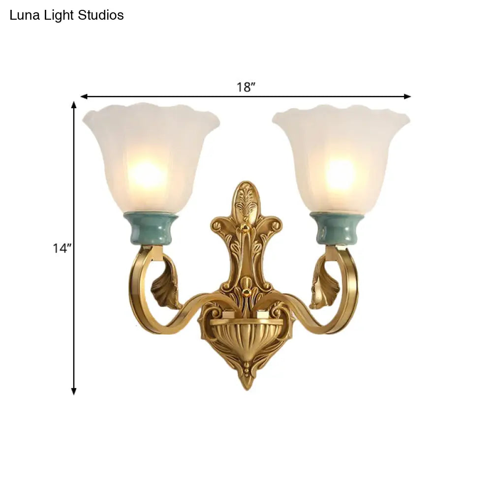 Milky Glass Brass Wall Sconce With Ginkgo Leaf Decor - Traditional Scroll Arm Lighting Fixture