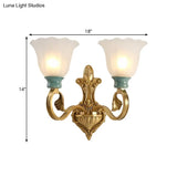 Milky Glass Brass Wall Sconce With Ginkgo Leaf Decor - Traditional Scroll Arm Lighting Fixture