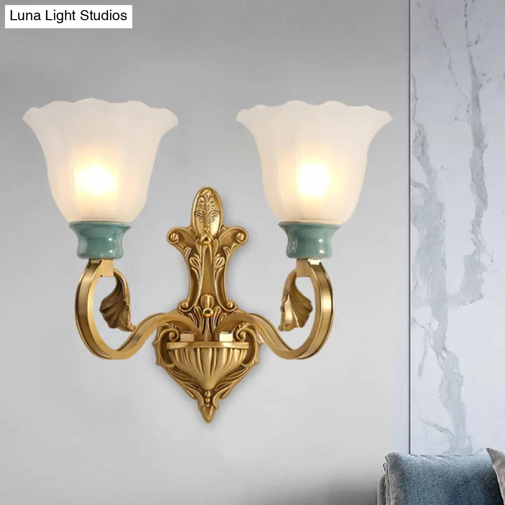 Milky Glass Brass Wall Sconce With Ginkgo Leaf Decor - Traditional Scroll Arm Lighting Fixture