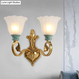 Milky Glass Brass Wall Sconce With Ginkgo Leaf Decor - Traditional Scroll Arm Lighting Fixture