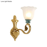 Milky Glass Brass Wall Sconce With Ginkgo Leaf Decor - Traditional Scroll Arm Lighting Fixture