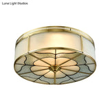 Milky Glass Ceiling Mounted Fixture: Colonial 3-Bulb Bedroom Flush Mount Lamp In Brass